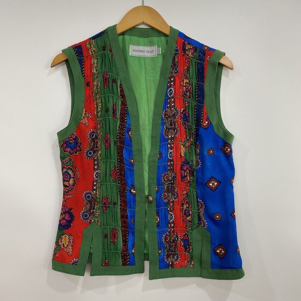 Howard Wolf Women USA Vest Size 8 Green Multicolor Floral Vintage Artsy Festival